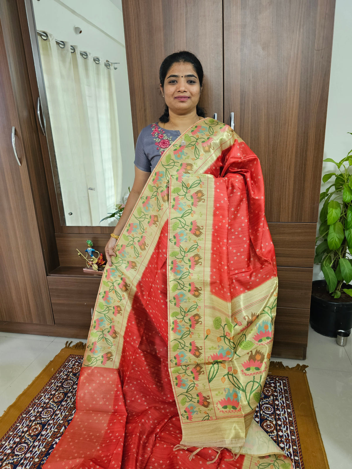 Semi Tussar Digital Prints with Contrast Paithani Border -  Red