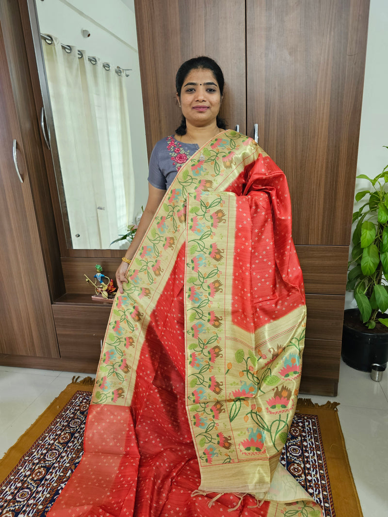 Semi Tussar Digital Prints with Contrast Paithani Border -  Red