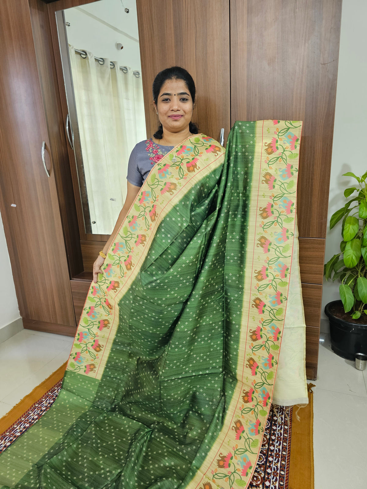 Semi Tussar Digital Prints with Contrast Paithani Border -  Bottle Green