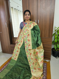 Semi Tussar Digital Prints with Contrast Paithani Border -  Bottle Green