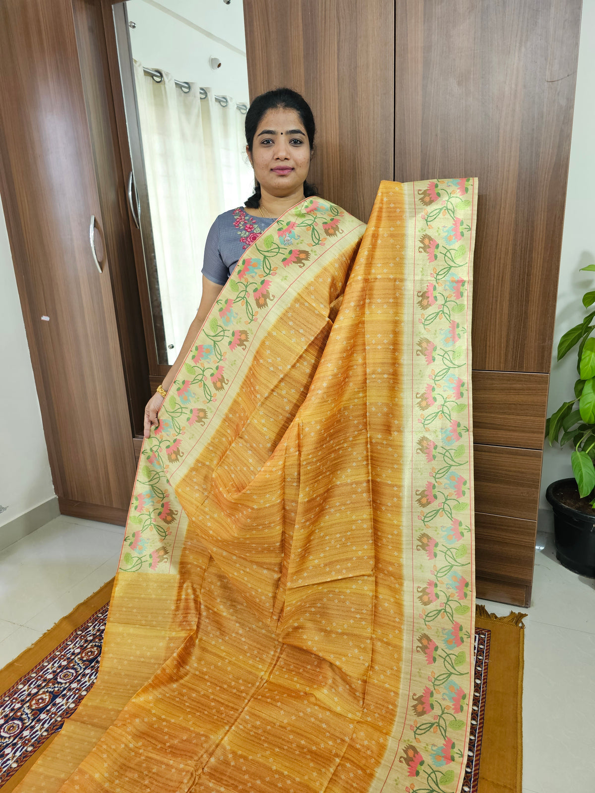 Semi Tussar Digital Prints with Contrast Paithani Border -  Mustard Yellow