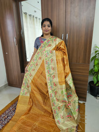 Semi Tussar Digital Prints with Contrast Paithani Border -  Mustard Yellow