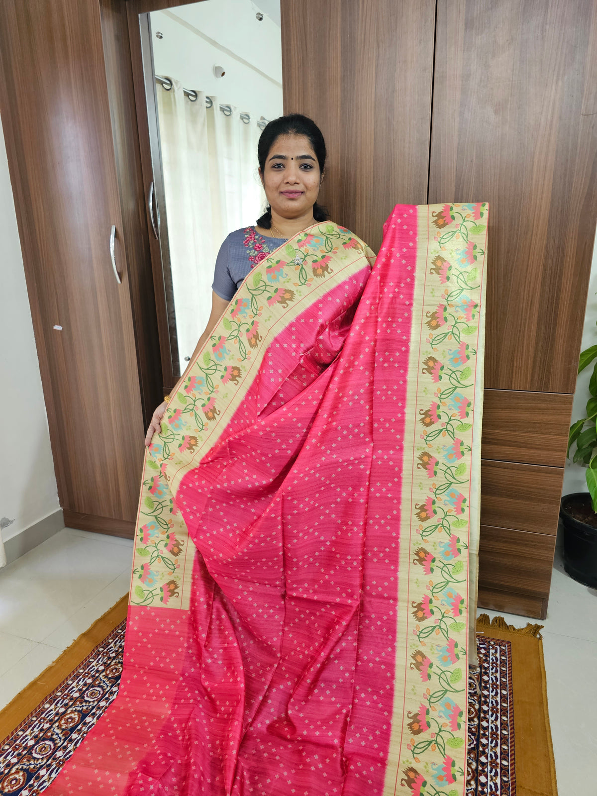 Semi Tussar Digital Prints with Contrast Paithani Border -  Pink