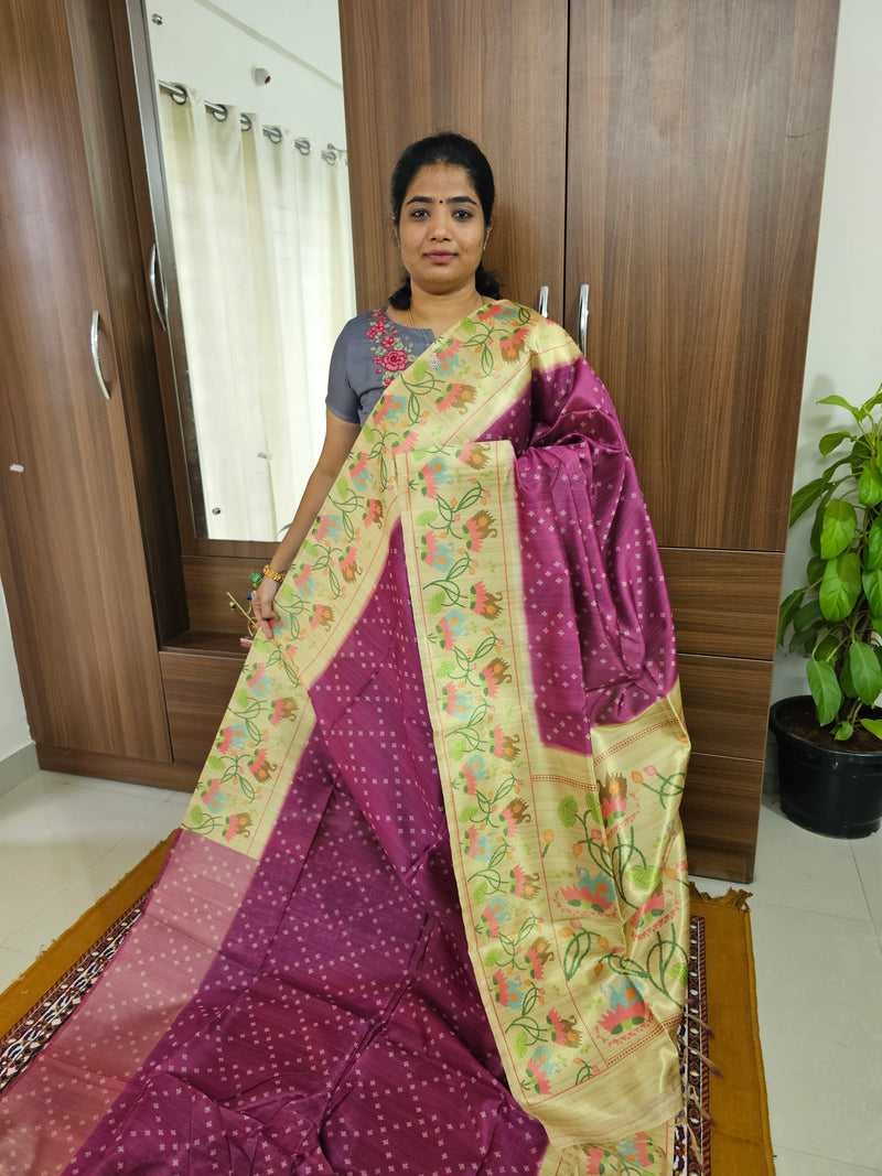 Semi Tussar Digital Prints with Contrast Paithani Border -  Purple