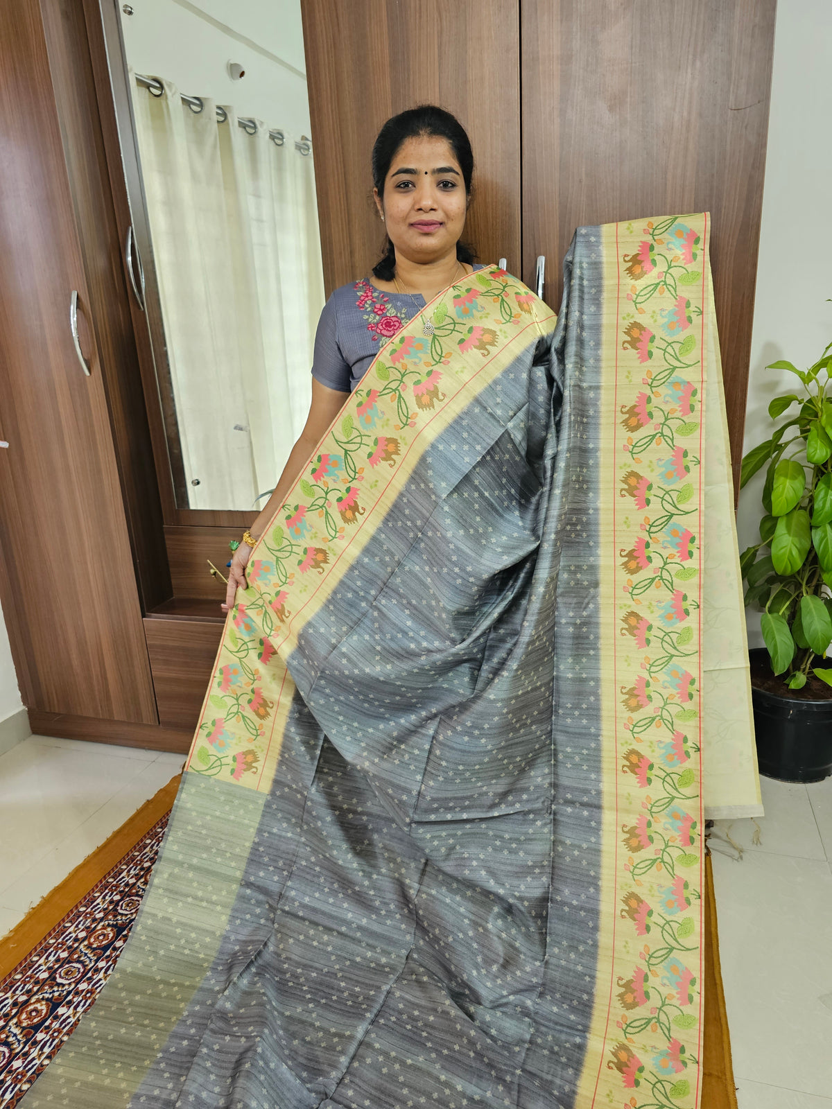 Semi Tussar Digital Prints with Contrast Paithani Border -  Grey