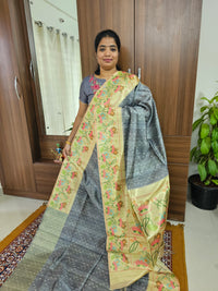 Semi Tussar Digital Prints with Contrast Paithani Border -  Grey