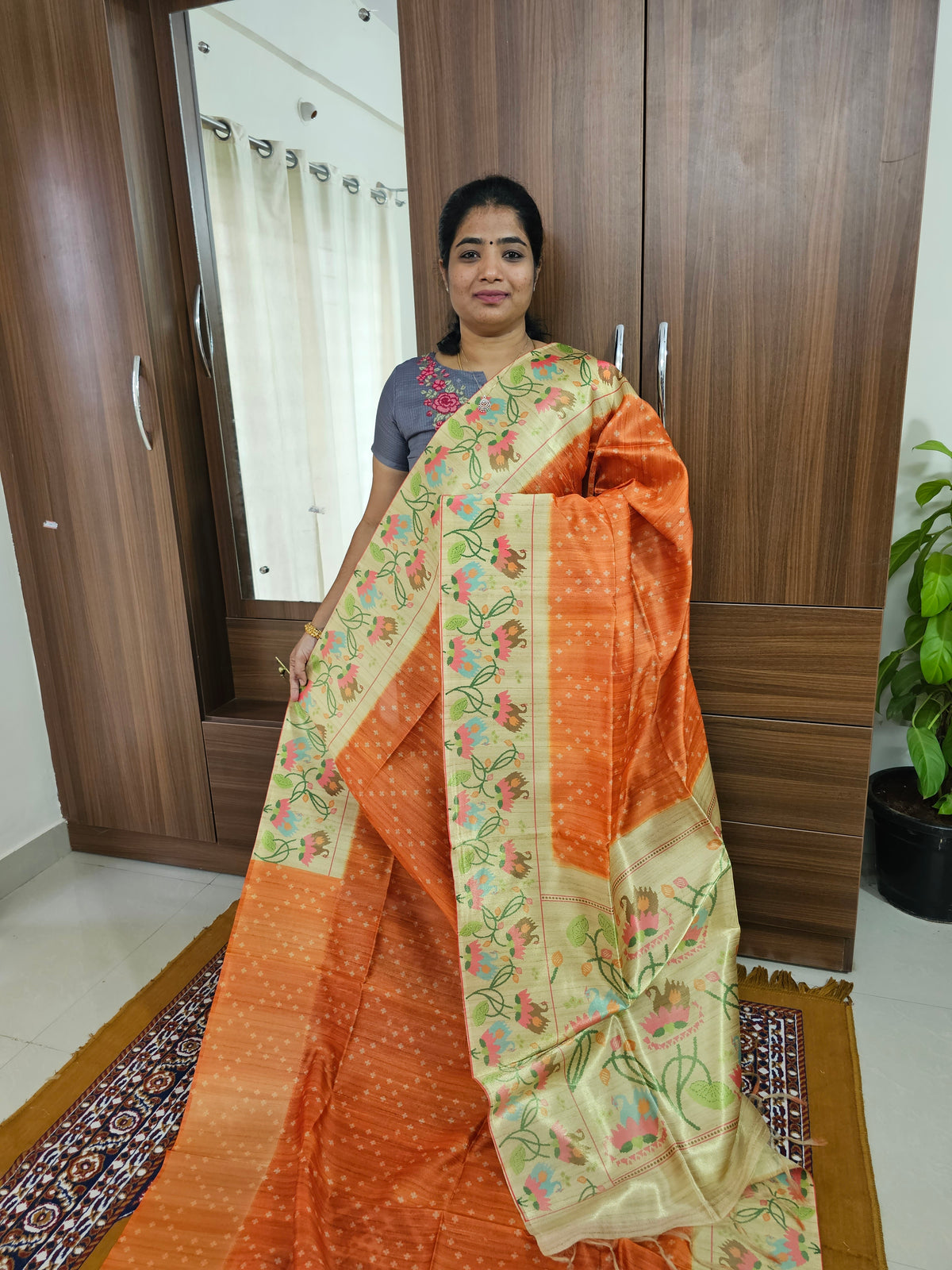 Semi Tussar Digital Prints with Contrast Paithani Border -  Orange