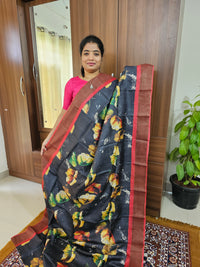 Black with Red  Handwoven Tussar Silk Saree with Zari Border