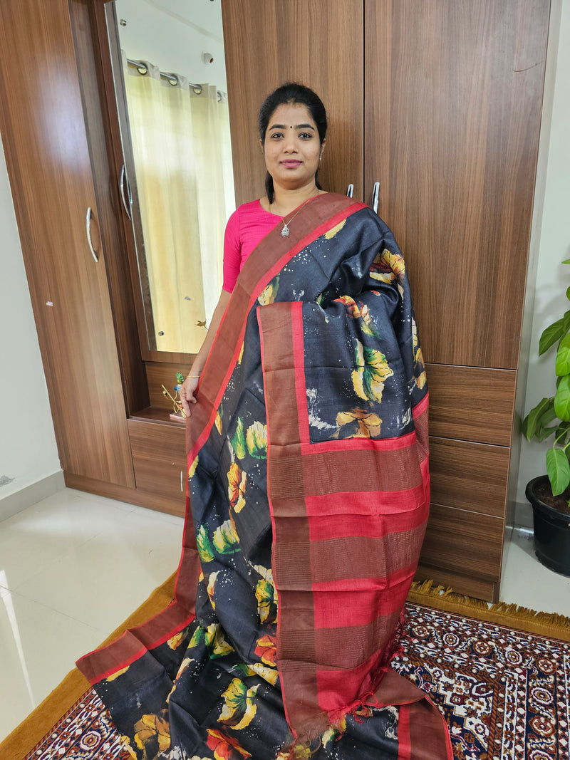 Black with Red  Handwoven Tussar Silk Saree with Zari Border