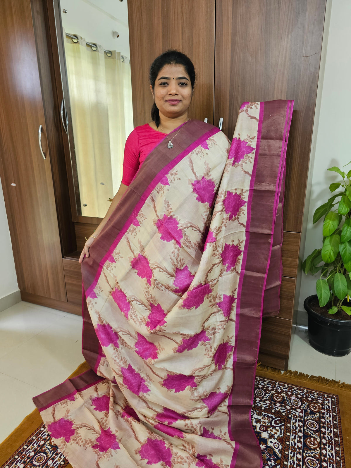 Pink Handwoven Tussar Silk Saree with Zari Border