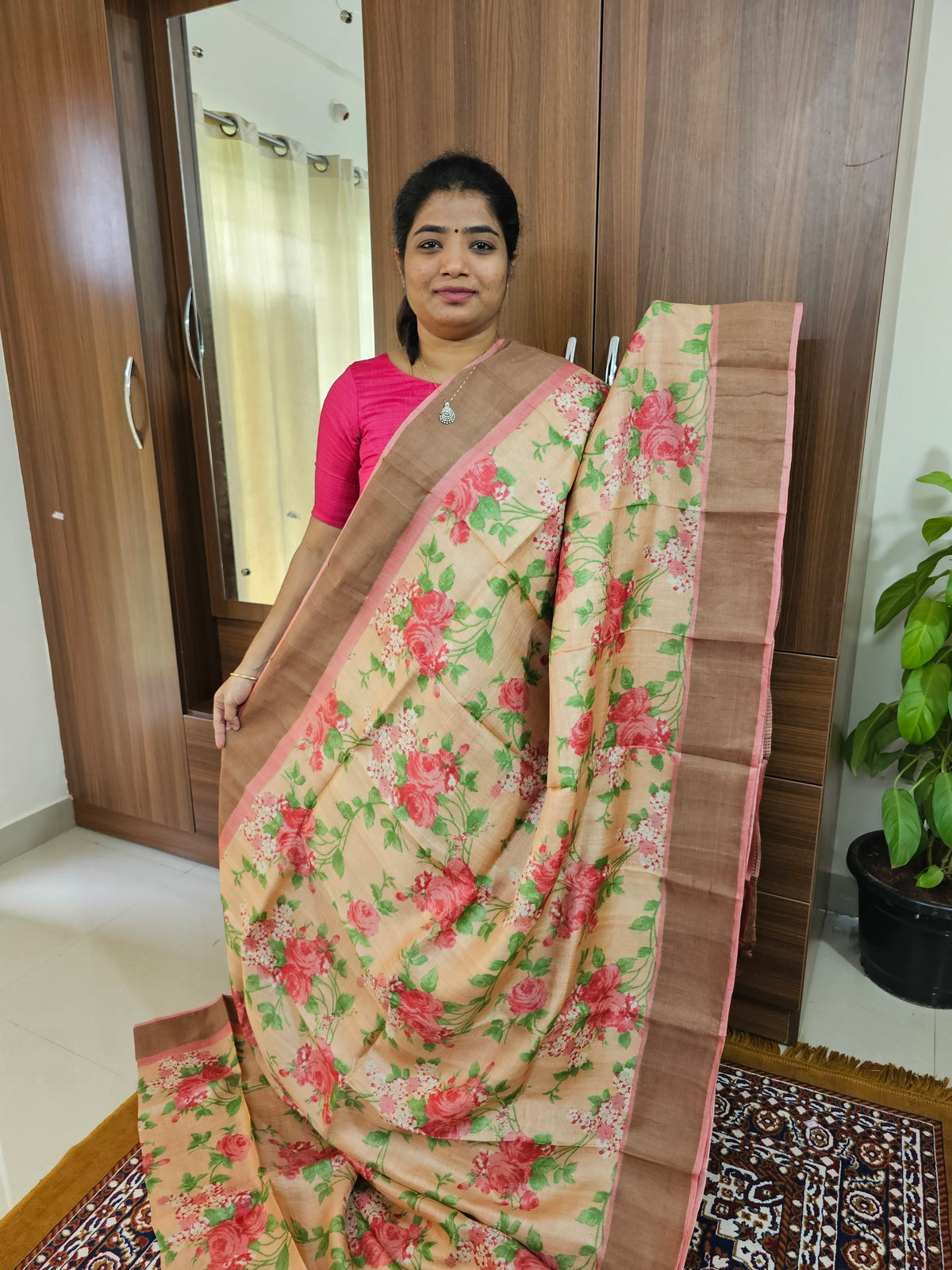 Peach with Pink Handwoven Tussar Silk Saree with Zari Border