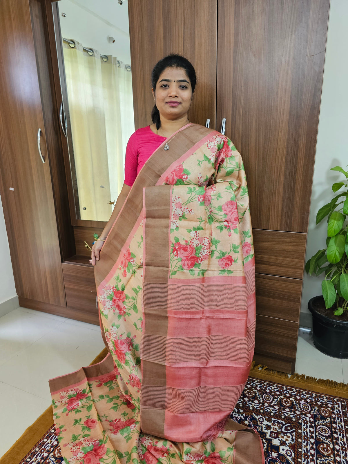 Peach with Pink Handwoven Tussar Silk Saree with Zari Border