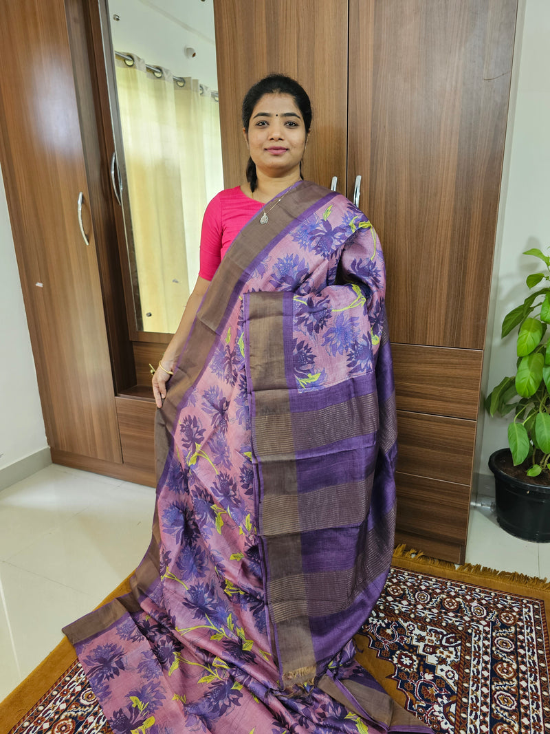 Dark Lavender with Purple  Handwoven Tussar Silk Saree with Zari Border