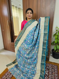 Cream with Blue Handwoven Tussar Silk Saree with Zari Border