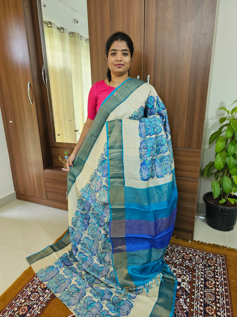 Cream with Blue Handwoven Tussar Silk Saree with Zari Border