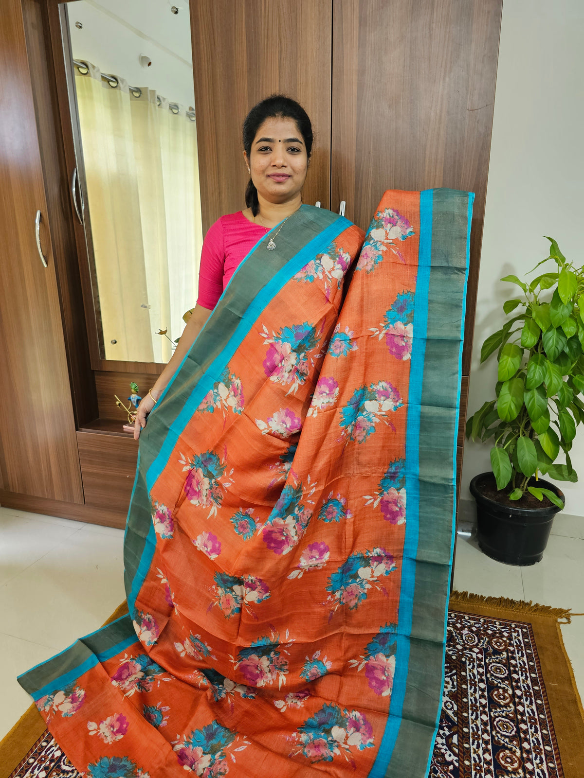 Orange with Blue Handwoven Tussar Silk Saree with Zari Border