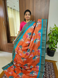 Orange with Blue Handwoven Tussar Silk Saree with Zari Border