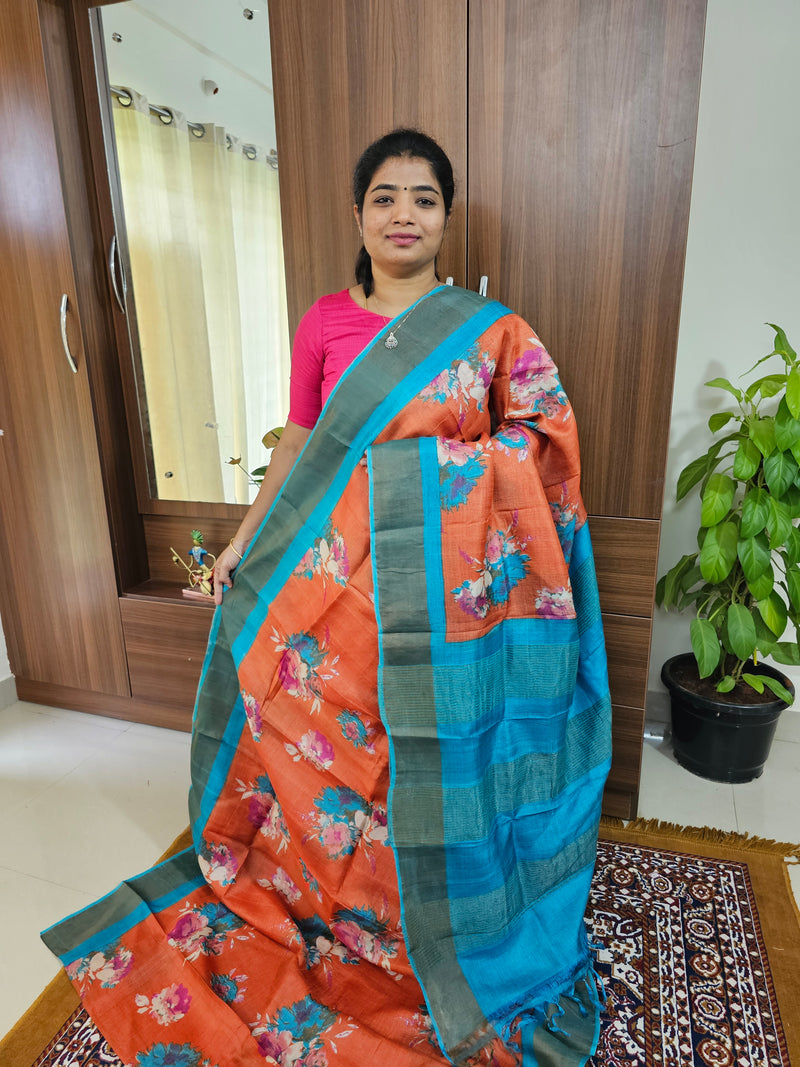 Orange with Blue Handwoven Tussar Silk Saree with Zari Border