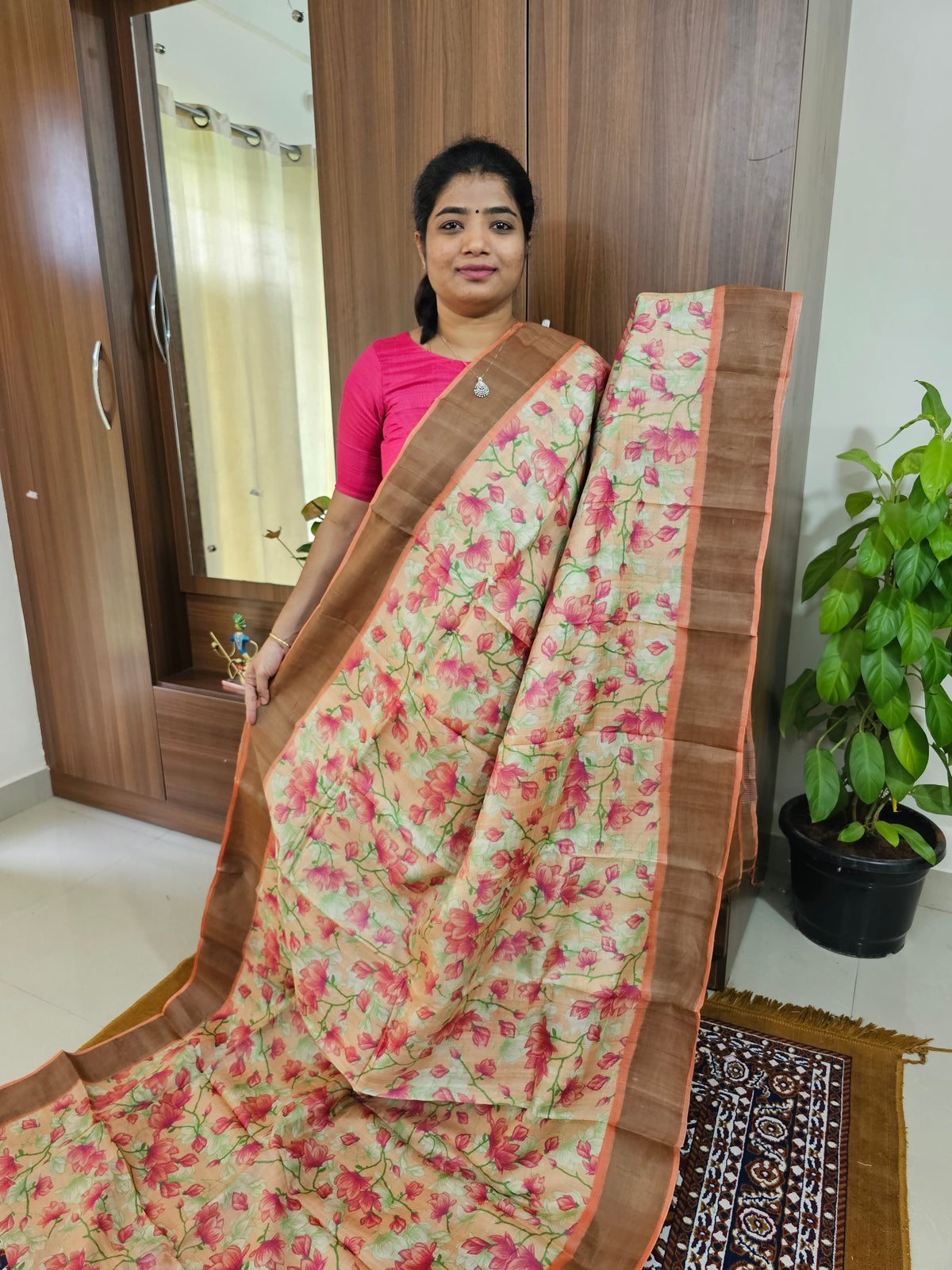 Peach Shade Handwoven Tussar Silk Saree with Zari Border