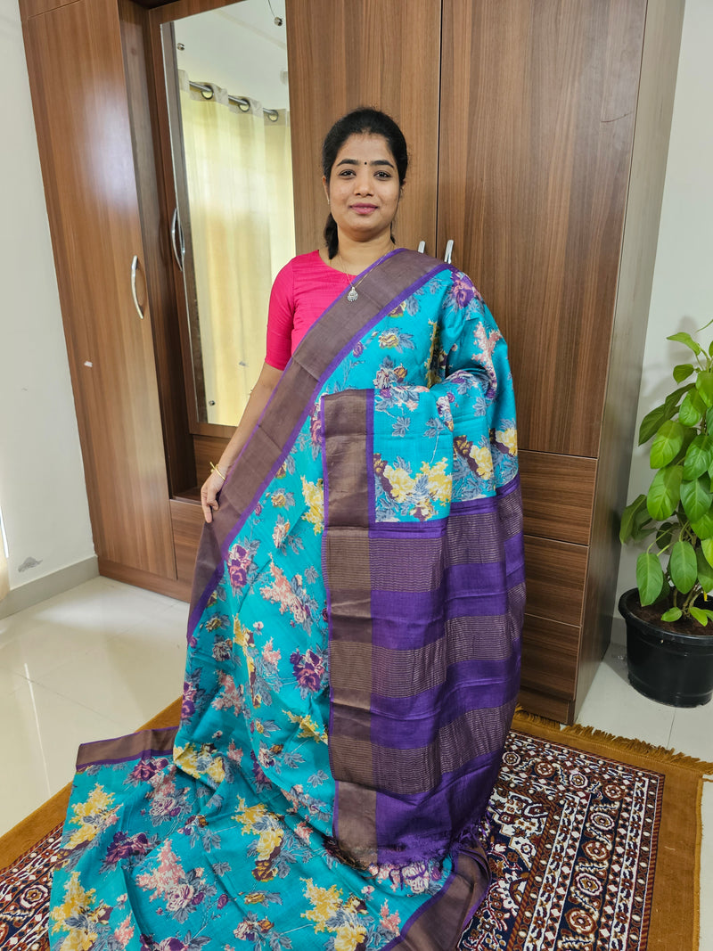 Blue with Violet Handwoven Tussar Silk Saree with Zari Border