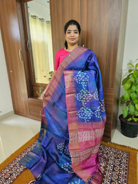 Blue with Pink Handwoven Tussar Silk Saree with Zari Border