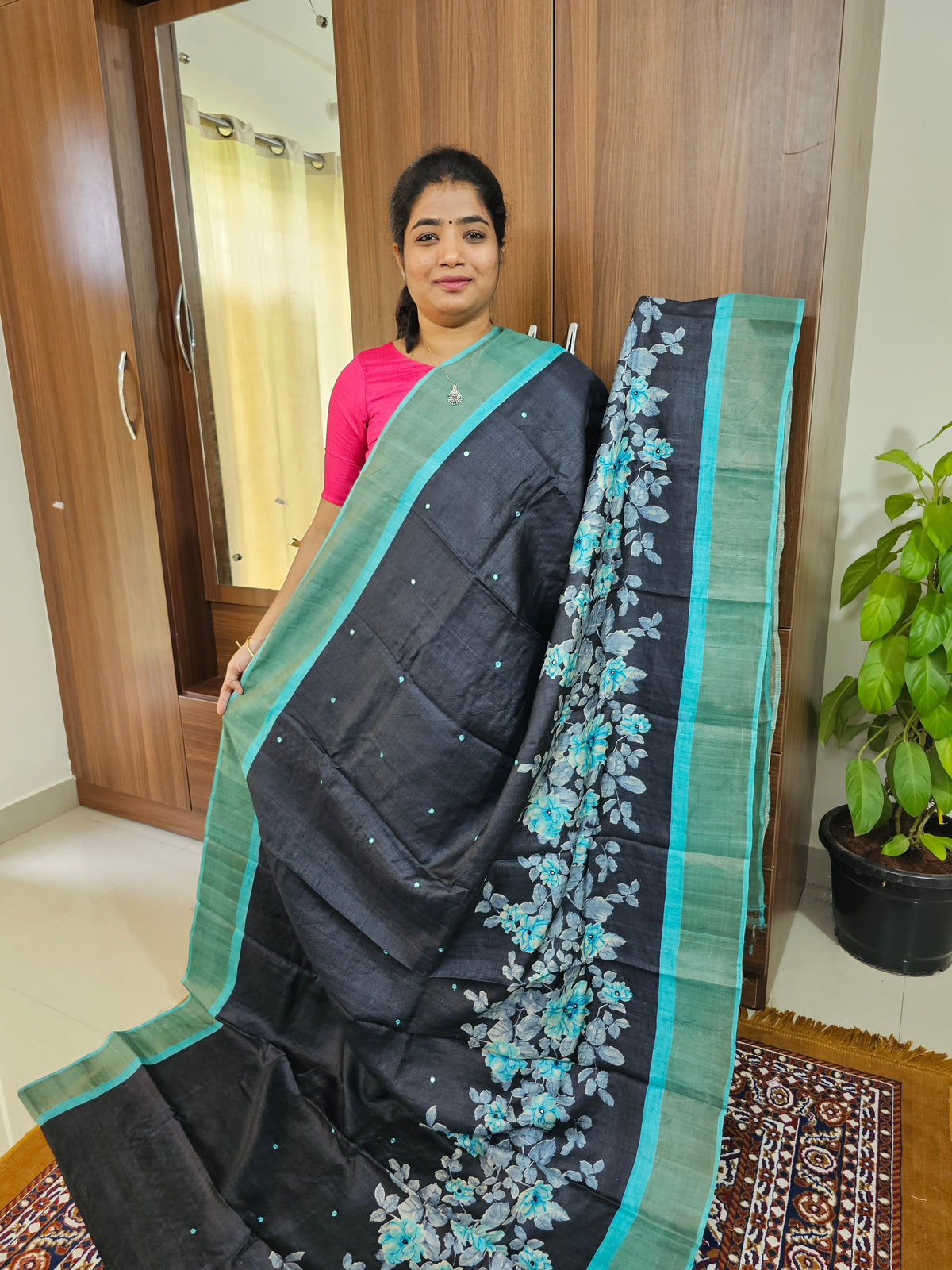 Black with Blue Floral Print Pure Handwoven Tussar Silk Saree with Cut Work Pallu