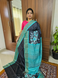 Black with Blue Floral Print Pure Handwoven Tussar Silk Saree with Cut Work Pallu