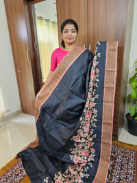 Black with Peach Floral Print Pure Handwoven Tussar Silk Saree with Cut Work Pallu