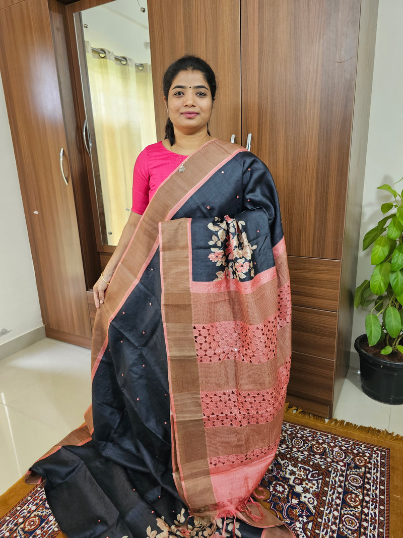 Black with Peach Floral Print Pure Handwoven Tussar Silk Saree with Cut Work Pallu