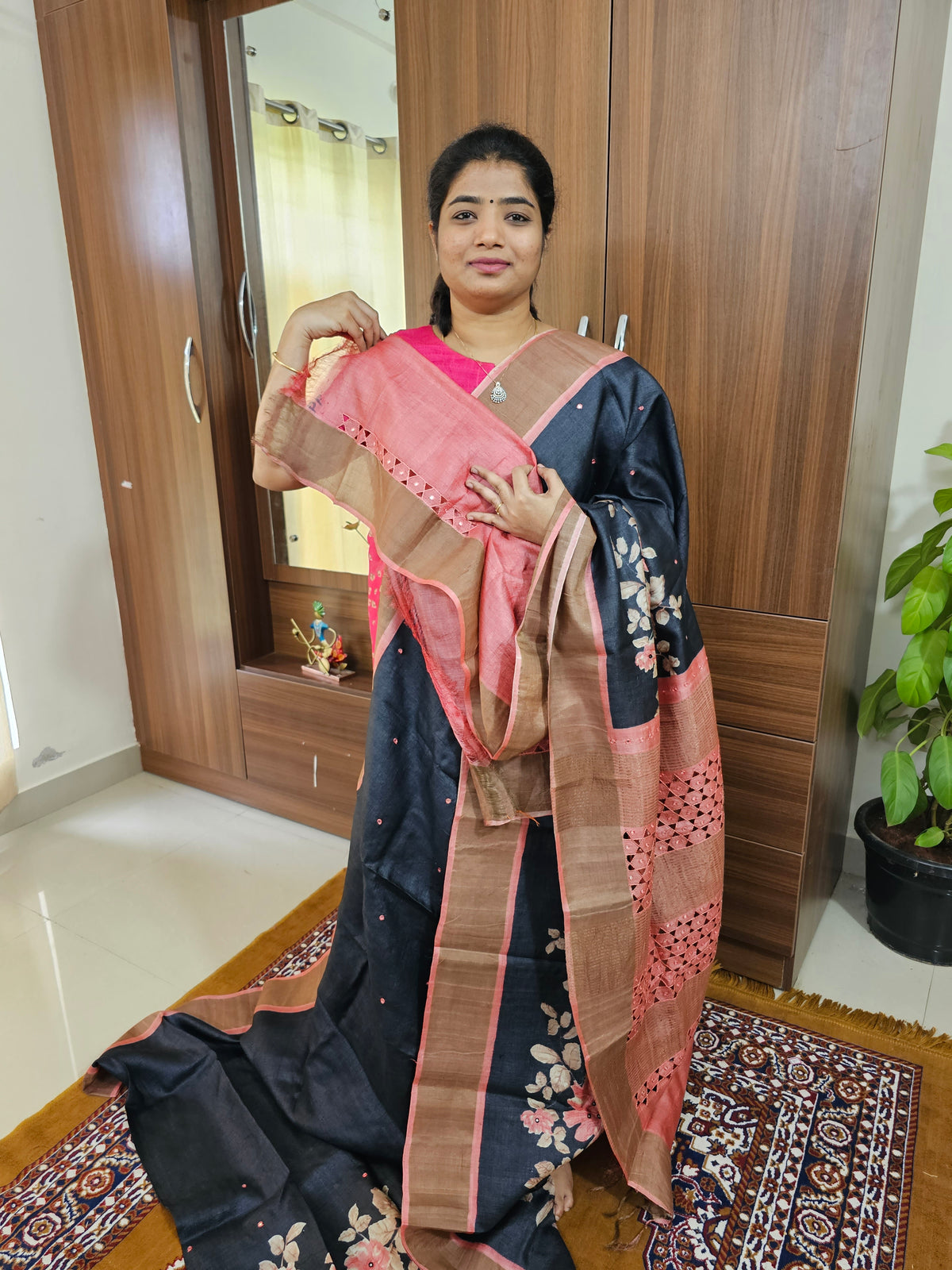 Black with Peach Floral Print Pure Handwoven Tussar Silk Saree with Cut Work Pallu