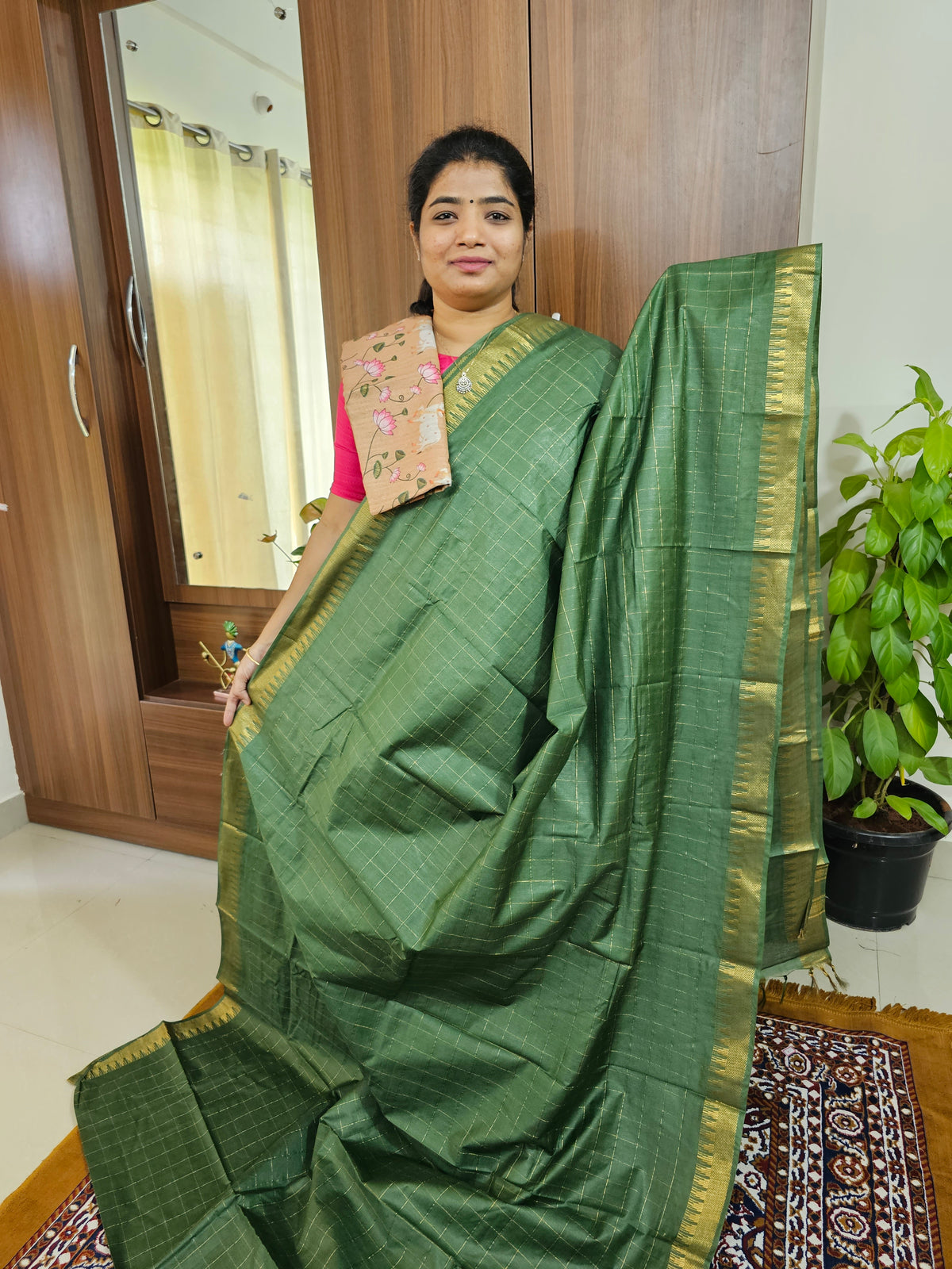 Semi Tussar with Extra Matching Blouse  - Green