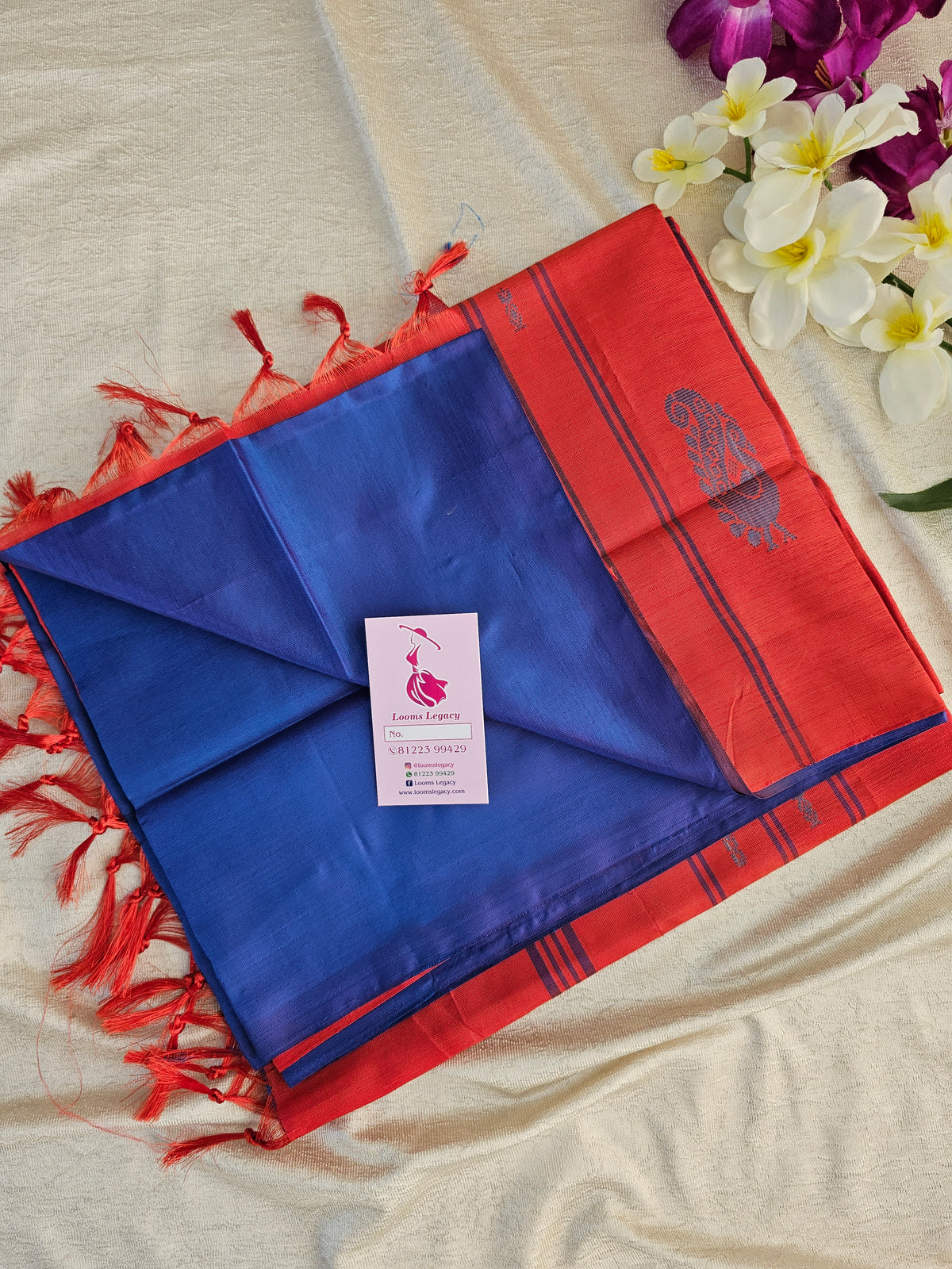 Peacock Blue with Reddish Orange Pallu Handwoven Chinnalampattu Saree