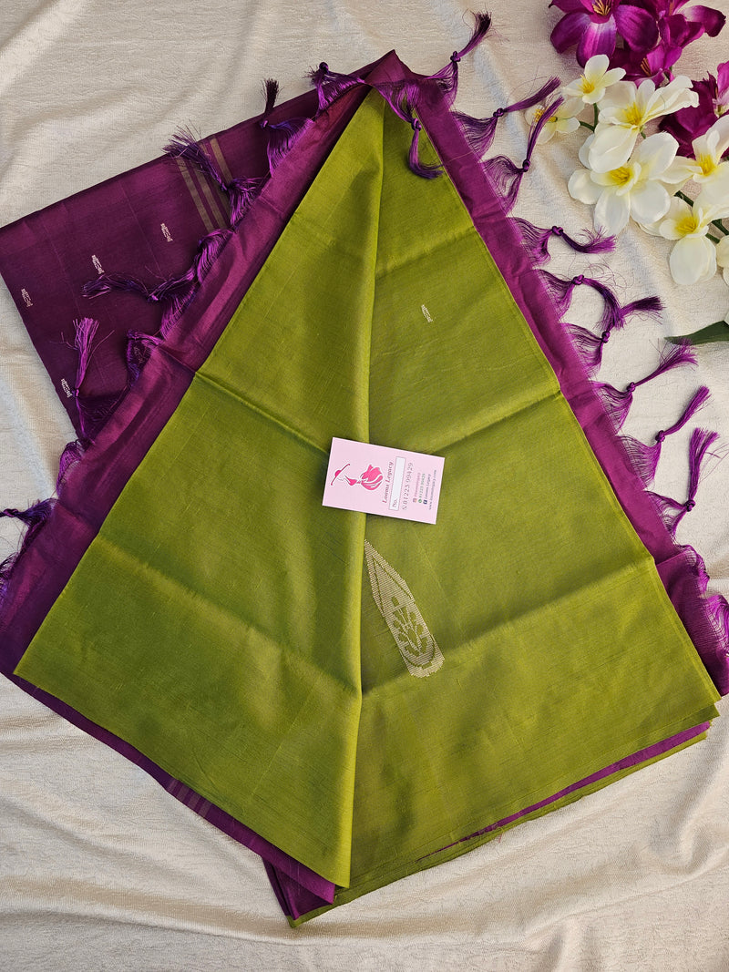 Green with Dark Magenta Pink Pallu Handwoven Chinnalampattu Saree