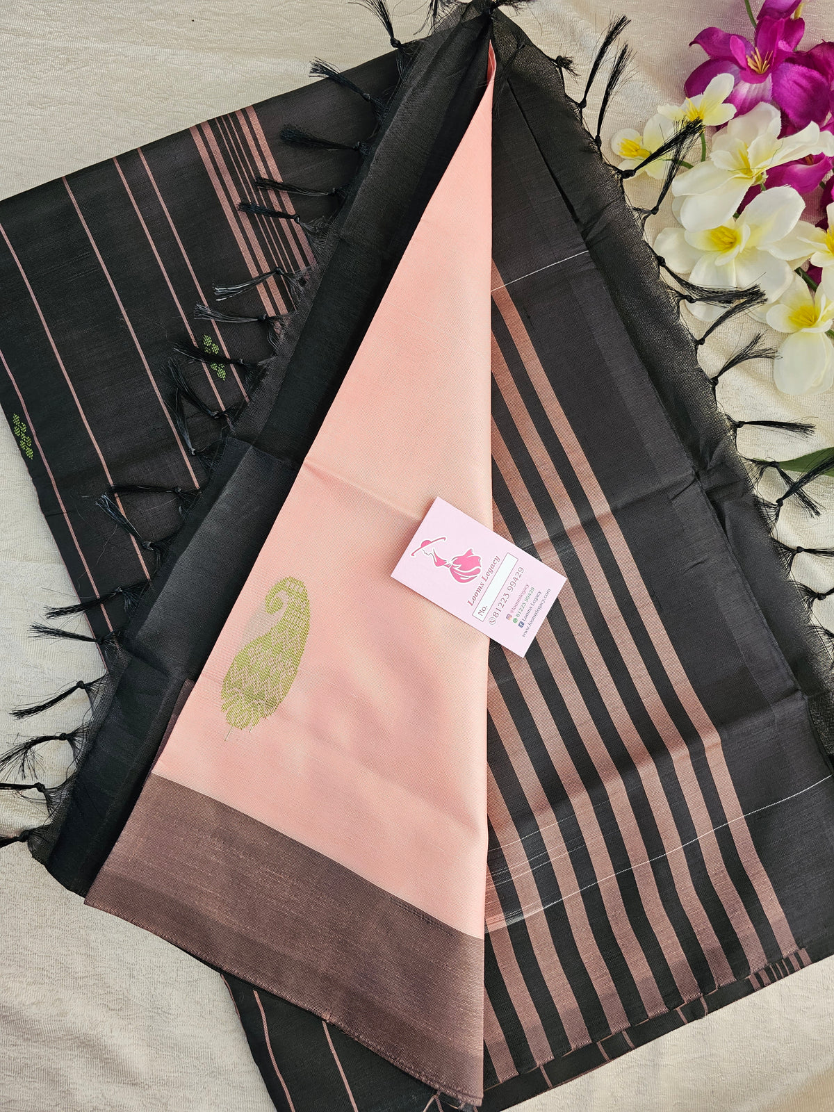 Pastel Peach with Black Pallu Handwoven Chinnalampattu Saree