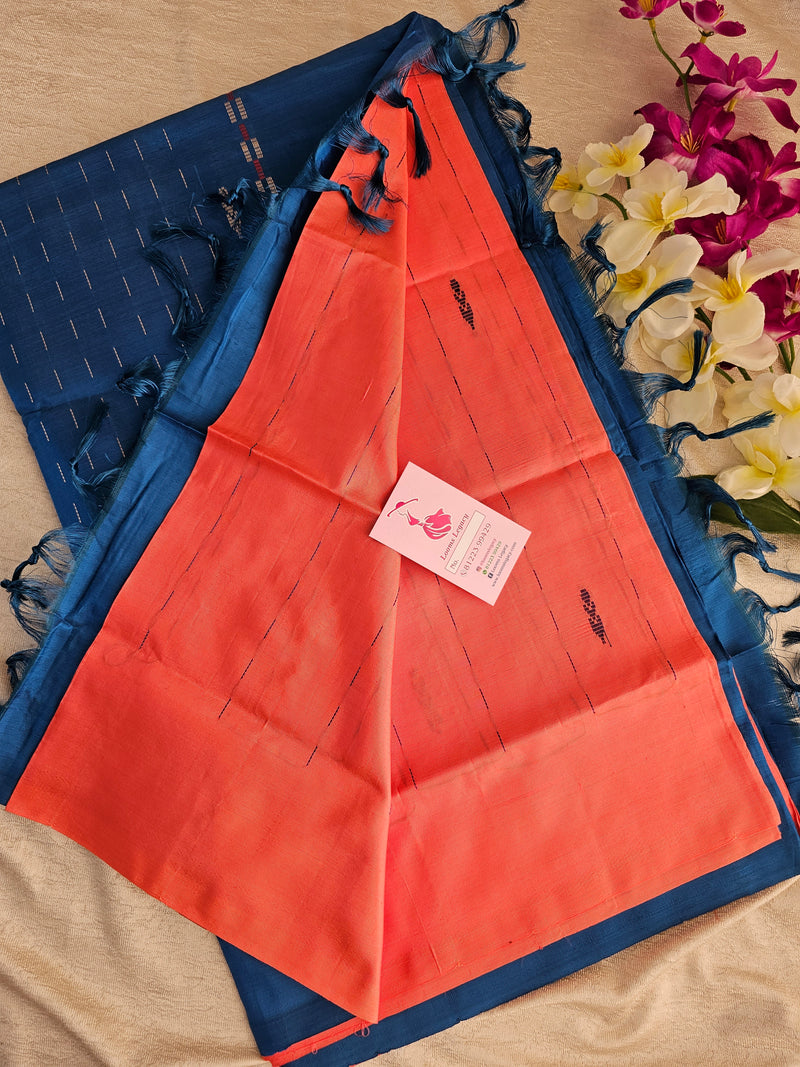 Peach with Blue Pallu Handwoven Chinnalampattu Saree