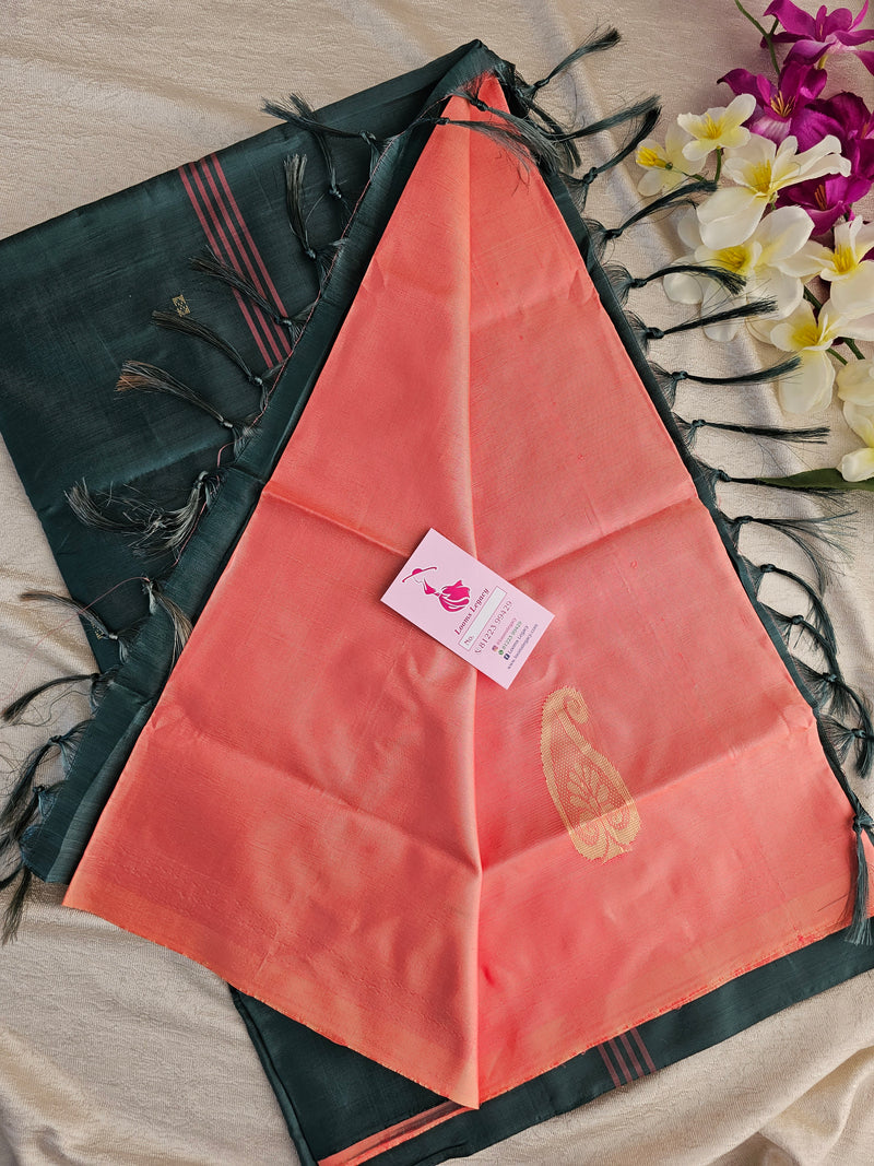 Peach with Bottle Green Pallu Handwoven Chinnalampattu Saree