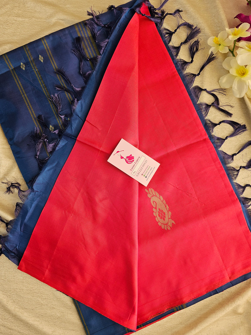 Reddish Pink with Blue Pallu Handwoven Chinnalampattu Saree