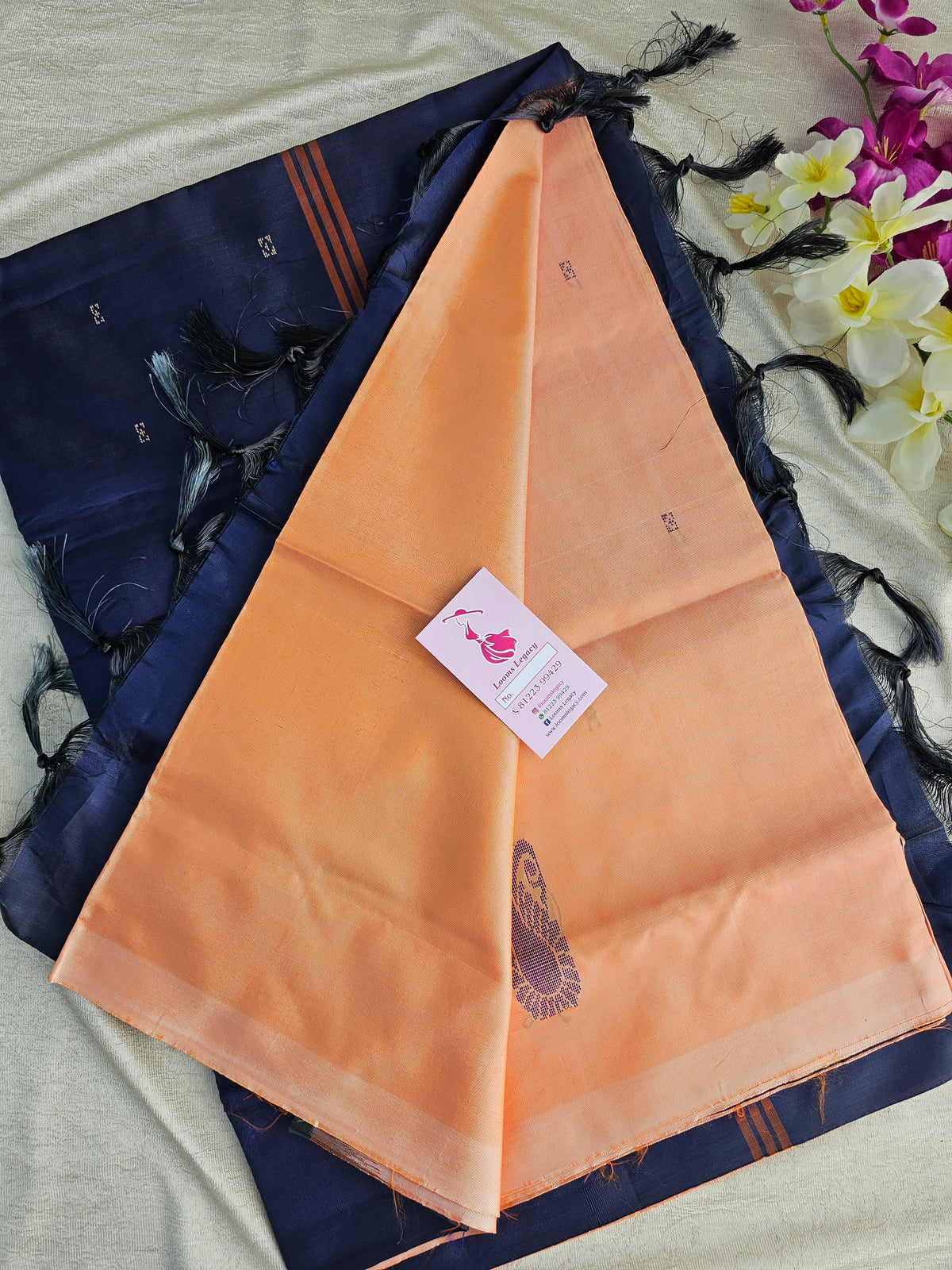 Peach with Blue Pallu Handwoven Chinnalampattu Saree