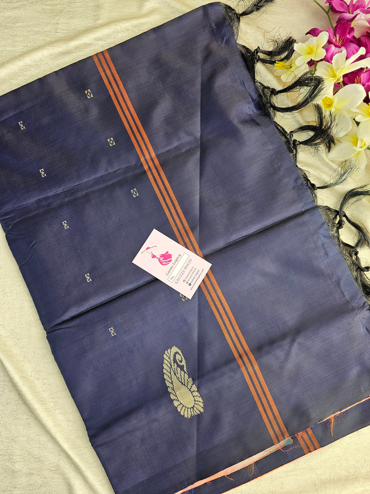 Peach with Blue Pallu Handwoven Chinnalampattu Saree