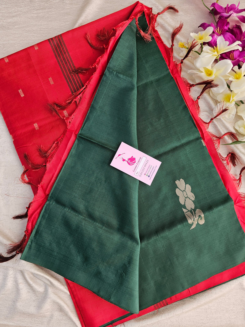 Bottle Green with Red Pallu Handwoven Chinnalampattu Saree