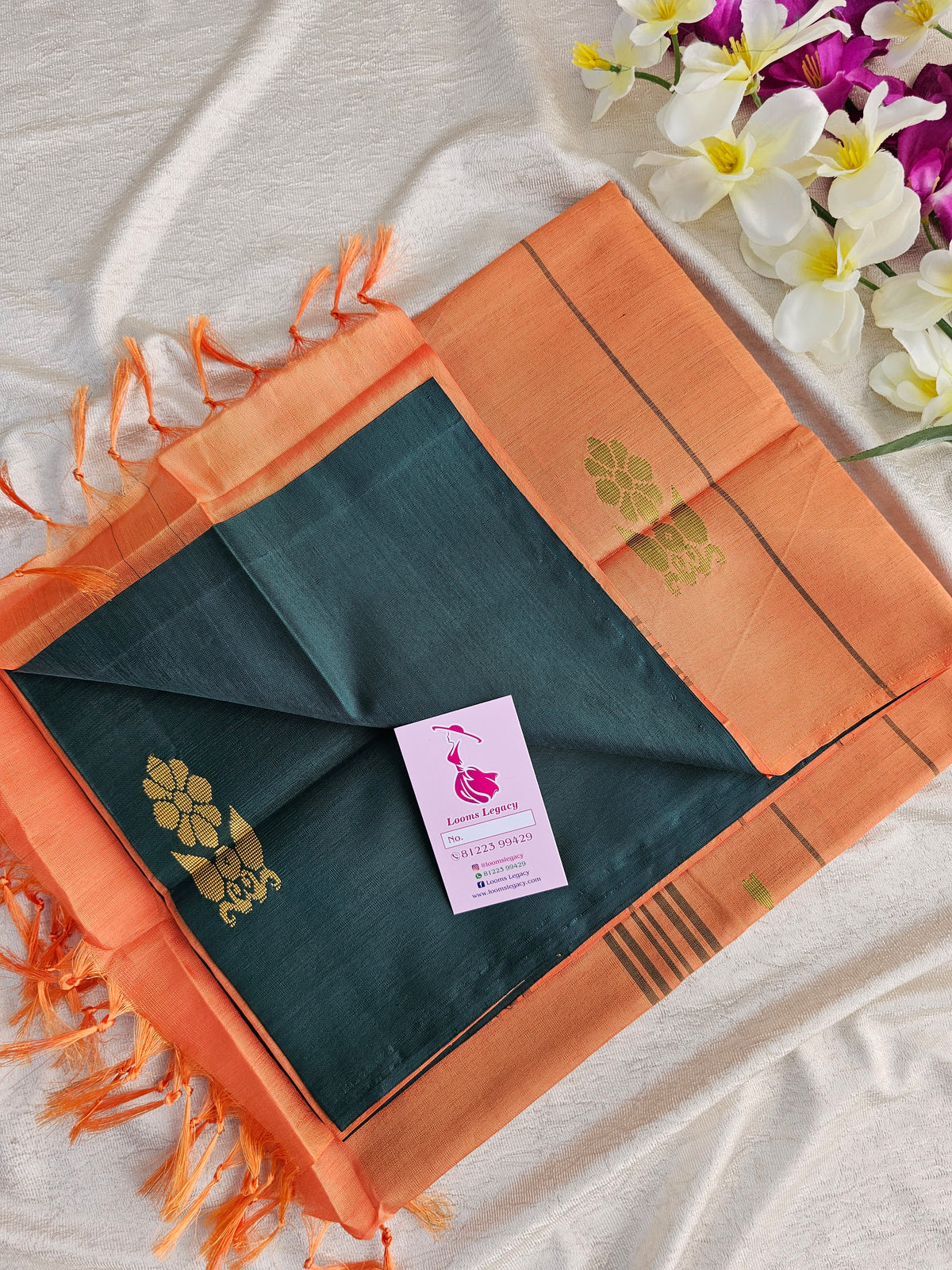 Dark Green with Orange Shade Pallu Handwoven Chinnalampattu Saree