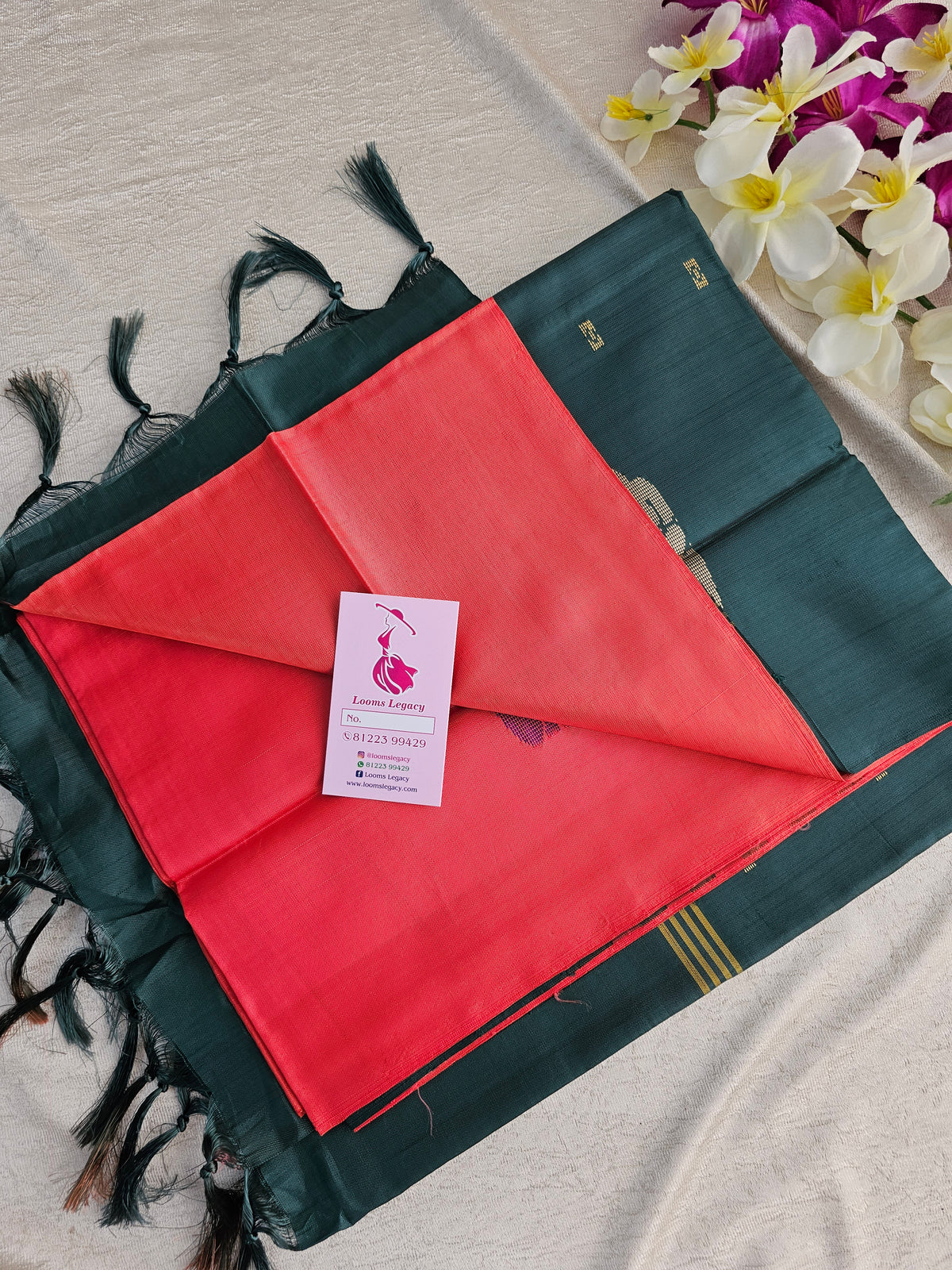 Dark Peach with Dark Green Pallu Handwoven Chinnalampattu Saree