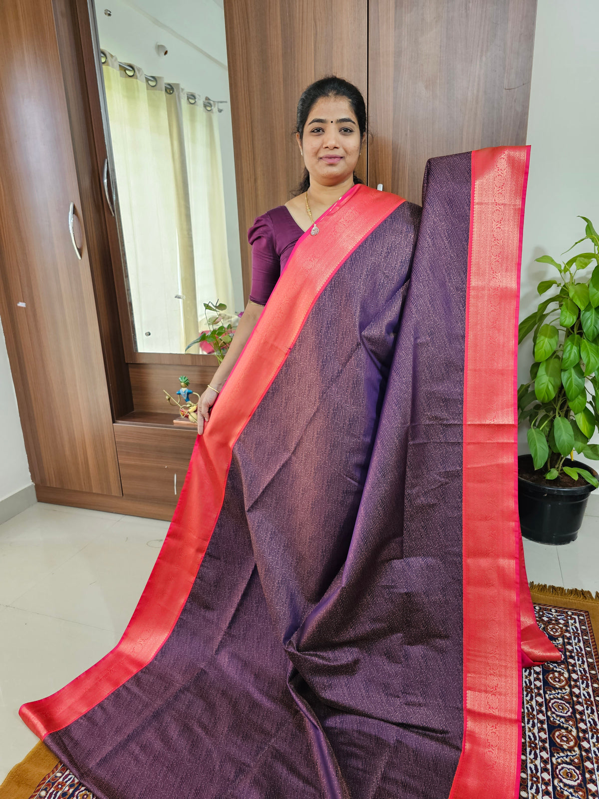 Purple with Pink Copper Zari Weave Semi Kanchi Silk Brocade Saree