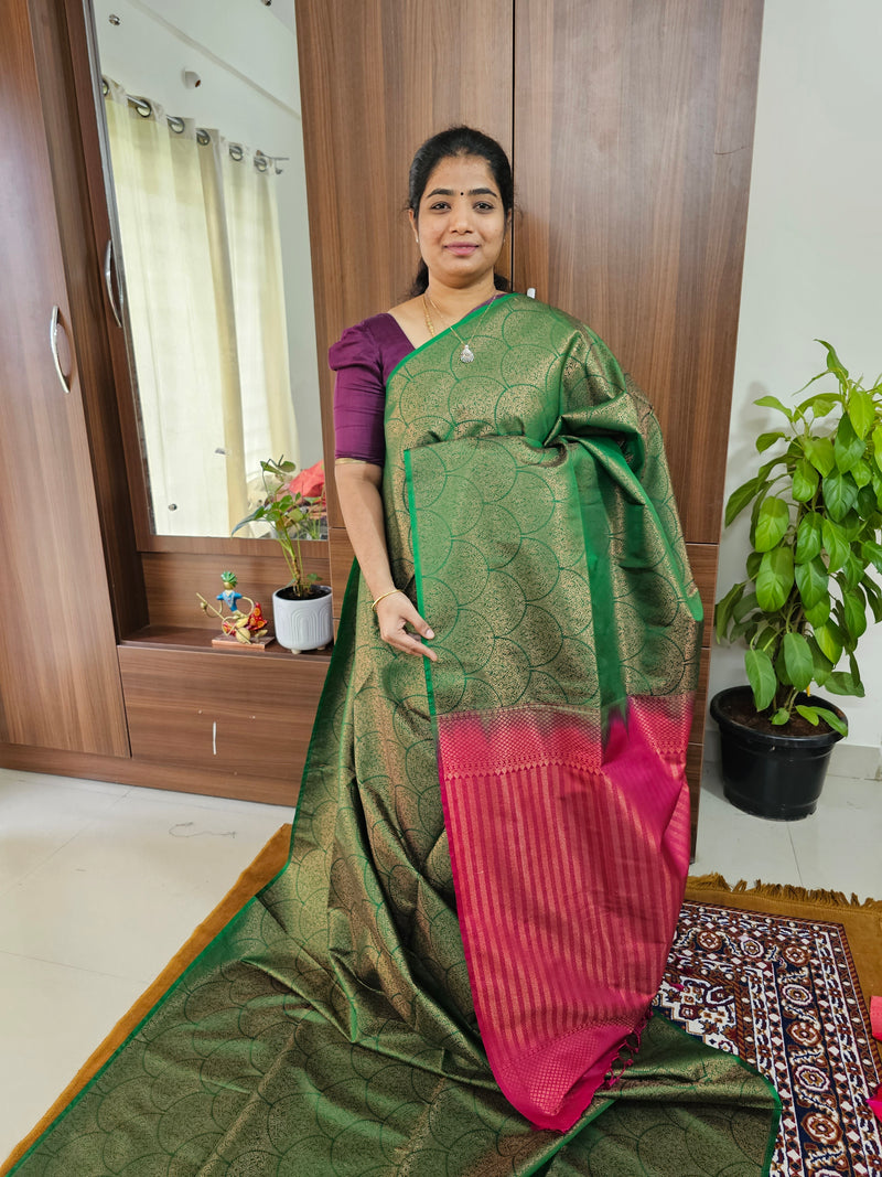 Green with Pink Copper Zari Weave Semi Kanchi Silk Brocade Saree