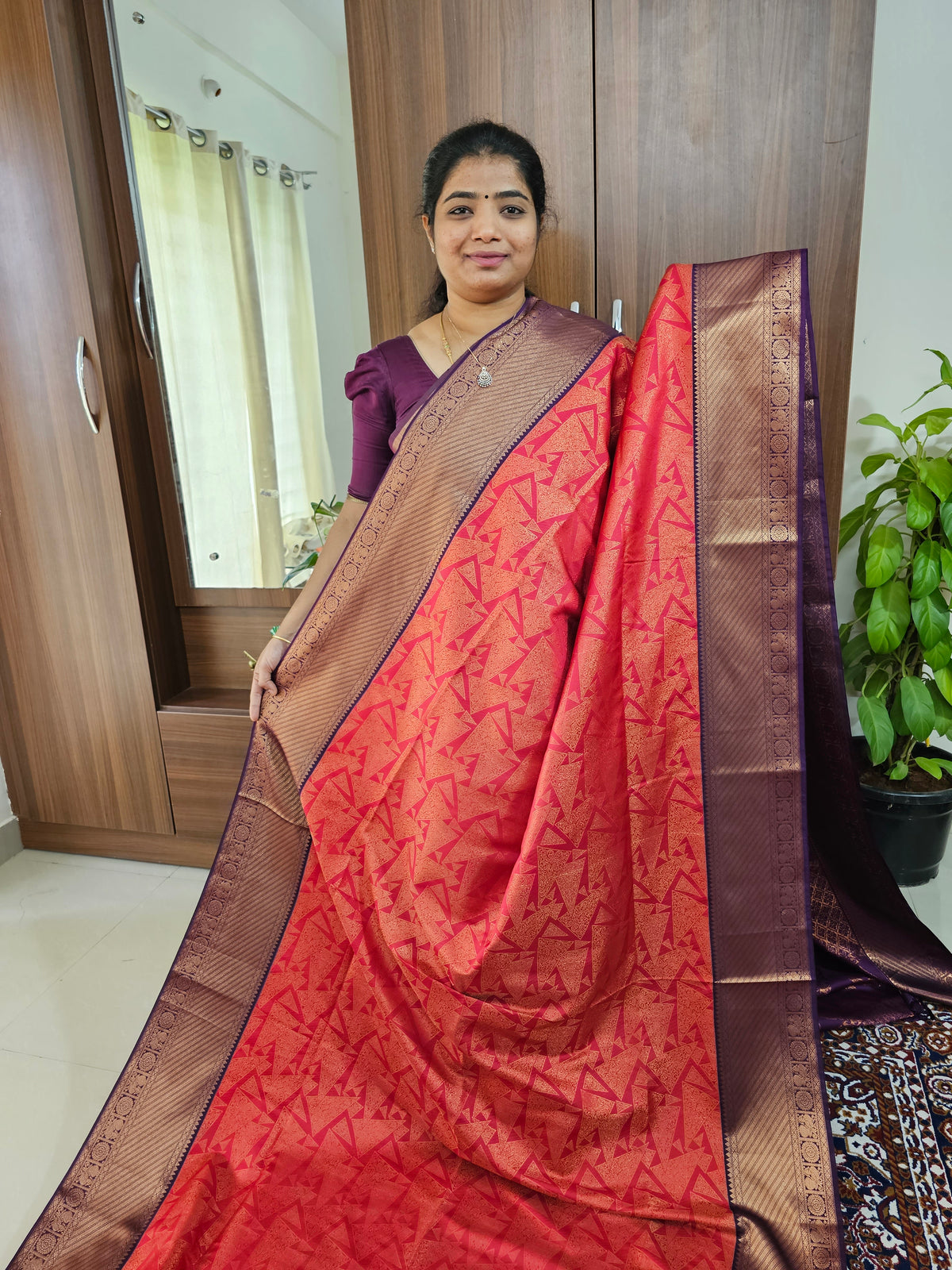 Red with Purple Copper Zari Weave Semi Kanchi Silk Brocade Saree