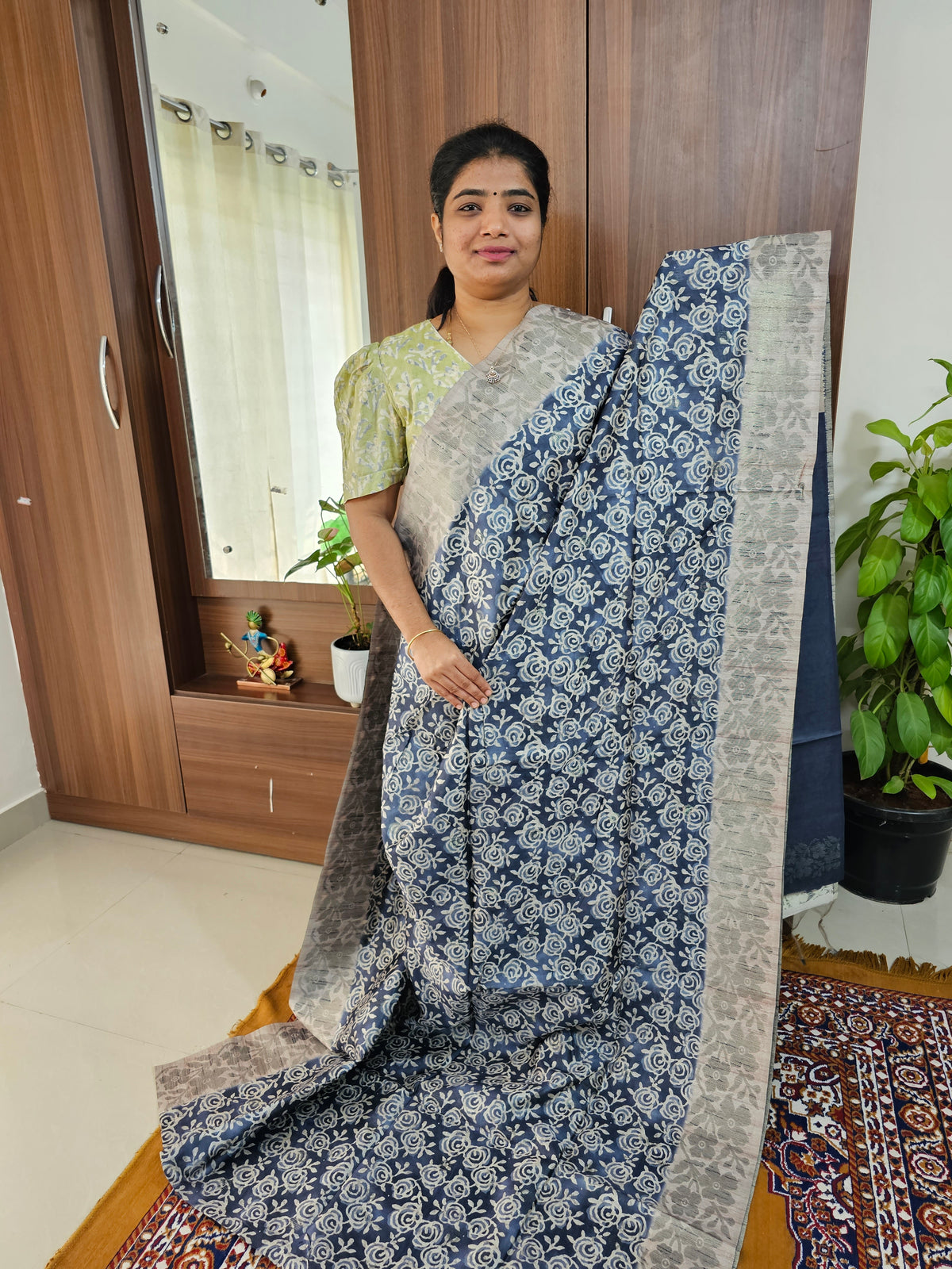 Semi Matka Tussar Digital Prints with Weaving Floral Border - Blue