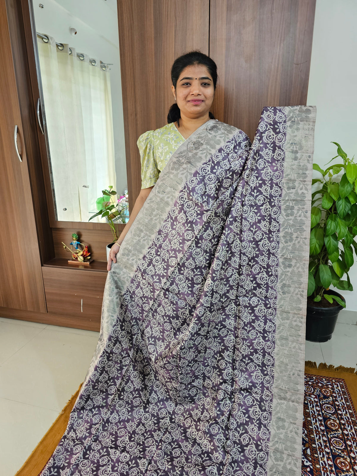 Semi Matka Tussar Digital Prints with Weaving Floral Border - Purple