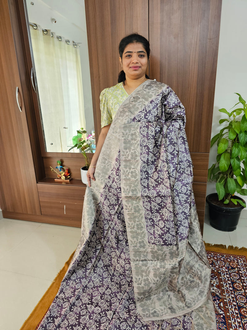 Semi Matka Tussar Digital Prints with Weaving Floral Border - Purple