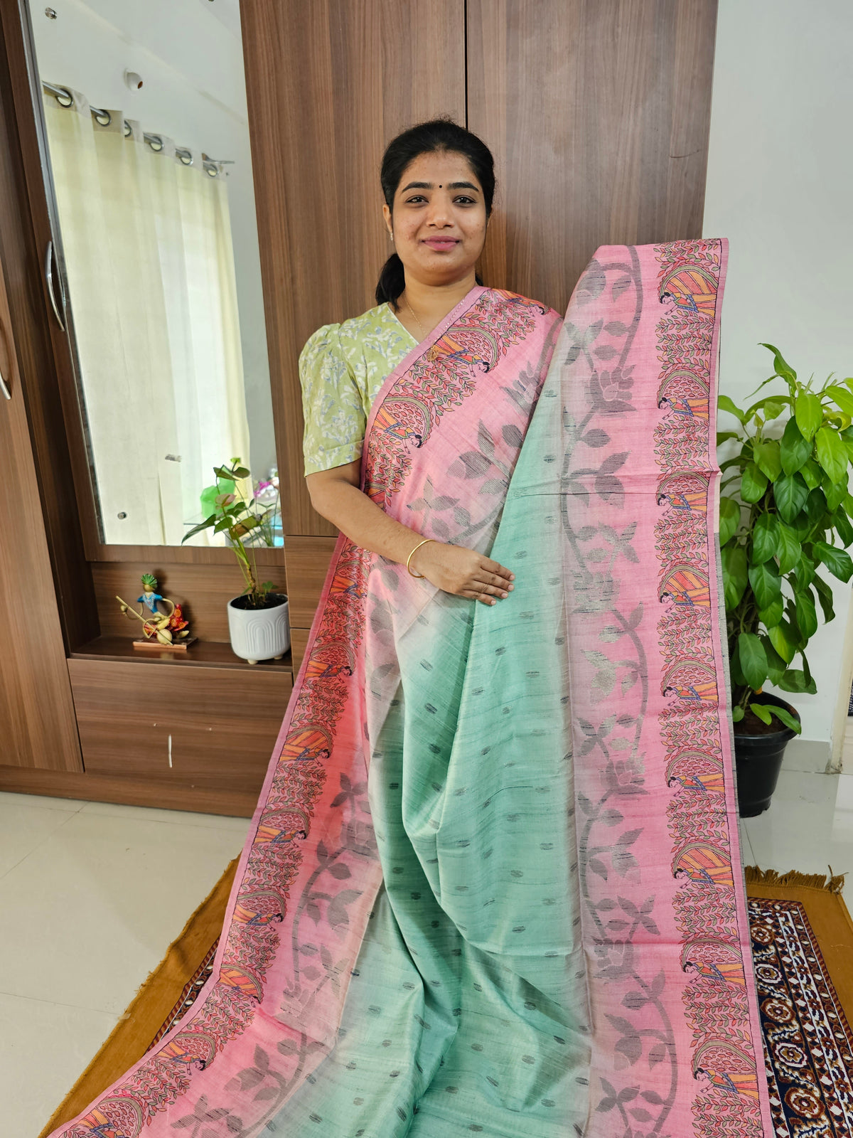 Semi Matka Tussar Digital Prints with Weaving Temple Border - Sea Green with Pink