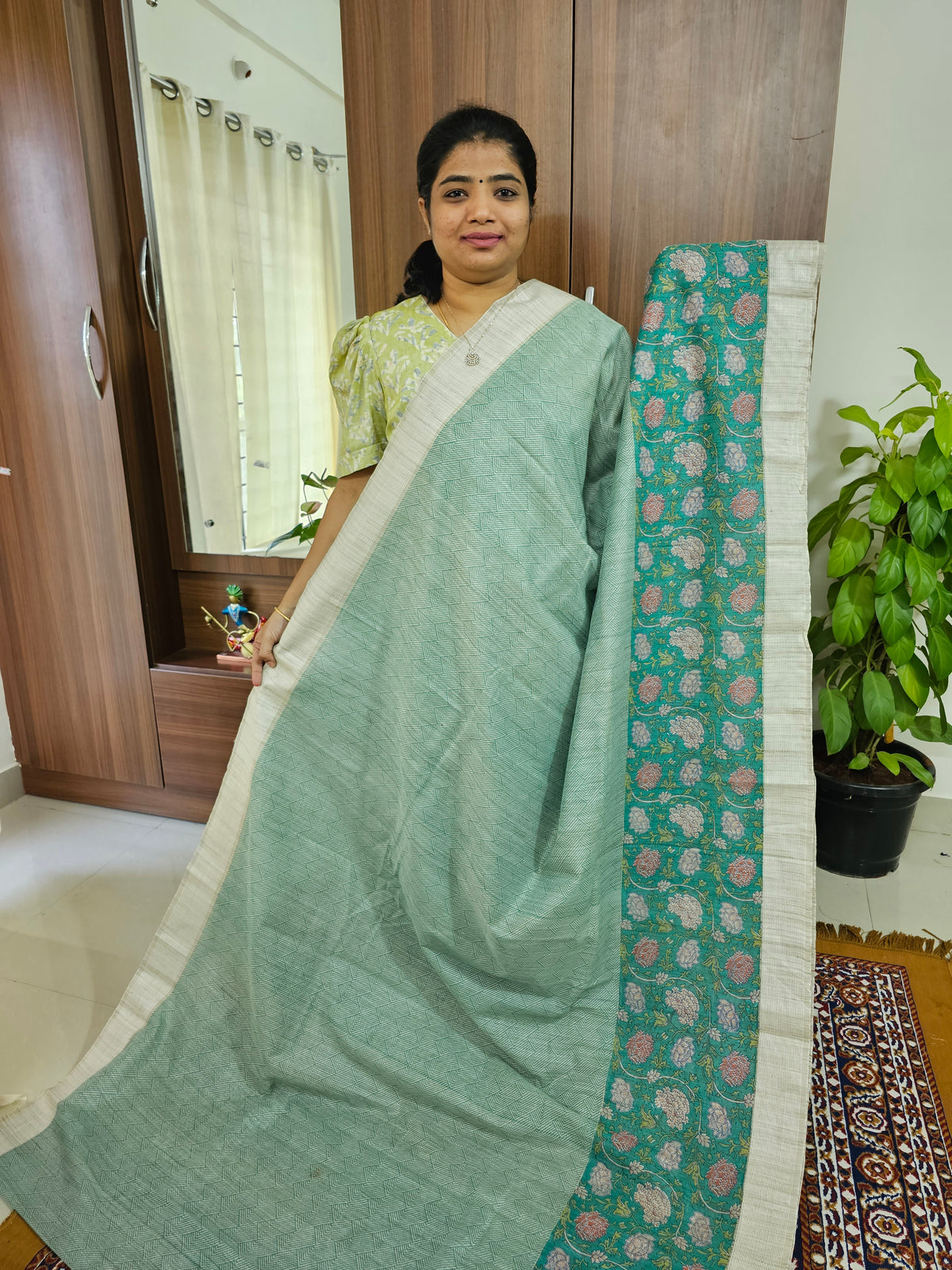 Cotton with Floral Printed Saree - Sea Green